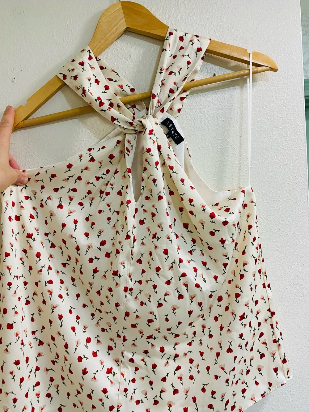 1. State Cream Twist Tie Halter Neck Camisole with Red Floral Print - Picture 5 of 7